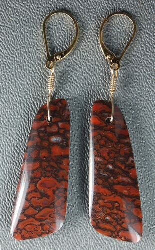 Brilliant, Red Agatized Dinosaur Gembone Earrings #33827